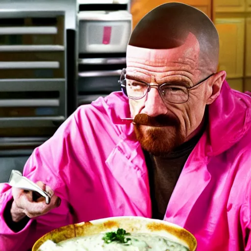 Prompt: Walter White eating pink sauce