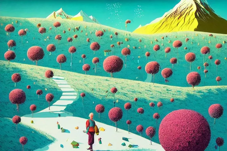 Image similar to surreal glimpse into other universe, himalaya with snow ice cream, summer morning, very coherent and colorful high contrast, art by!!!! gediminas pranckevicius!!!!, geof darrow, floralpunk screen printing woodblock, dark shadows, hard lighting