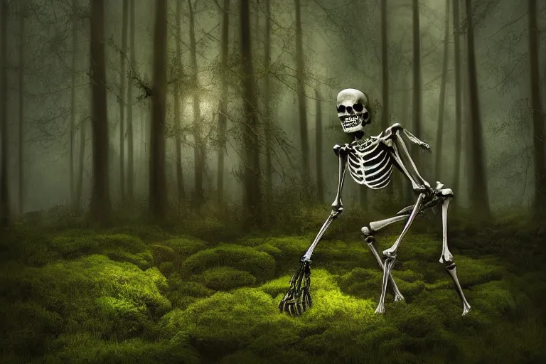 Image similar to human skeleton behind computer overgrown with moss, in forest, dark atmosphere, fantasy illustration, digital art