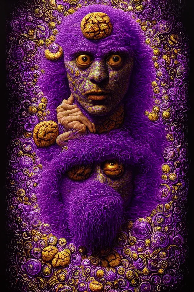 Prompt: bizarre purple blacklight detailed renaissance portrait of cookie monster as a highly detailed realistic real life person, dramatic cinematic lighting, 8 k, beautiful intricate painting by james r eads, giuseppe arcimboldo and tomasz alen kopera