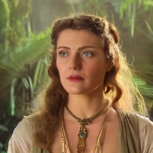 Image similar to a beautiful portrait from the film indiana jones and the fate of atlantis, of sophia hapgood wearing the nur ab sal necklace, dslr hyper focused