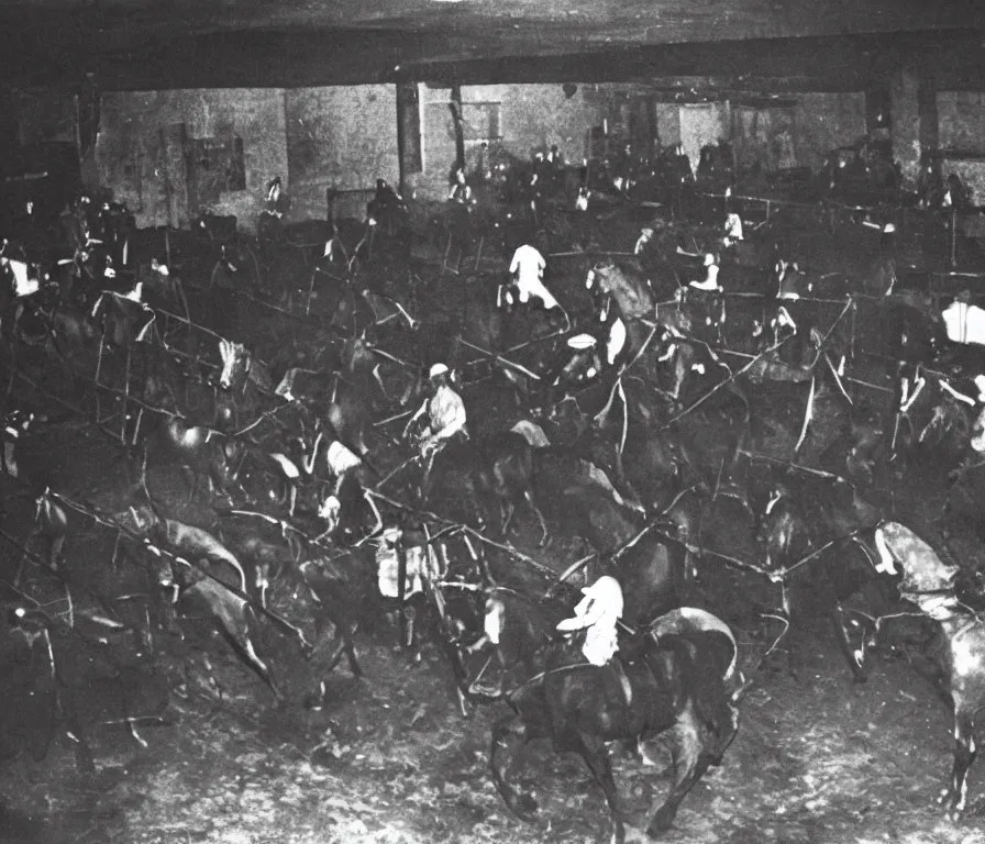 Image similar to photo of a secret horse fighting ring run by the mob in a dark basement