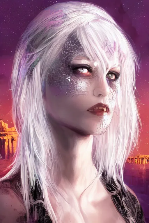 Image similar to portrait evilly knights of Zodiac girl, white hair, metalic deep purple and black reflected armor, in ruined Agora of Athens thuder flash night, sparkling, ssci-fi, fantasy, intricate, very very beautiful, elegant, golden light, highly detailed, digital painting, artstation, concept art, smooth, sharp focus, illustration, art by tian zi and WLOP and alphonse mucha