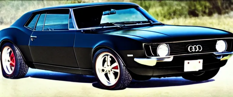 Image similar to blackest black audi camaro b 1 ( 1 9 6 7 ), restomod, establishing shot