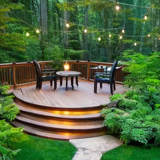 Prompt: backyard deck in misty lush landscape with multi levels and rich wood, gas lanterns, fern and golden retrievers