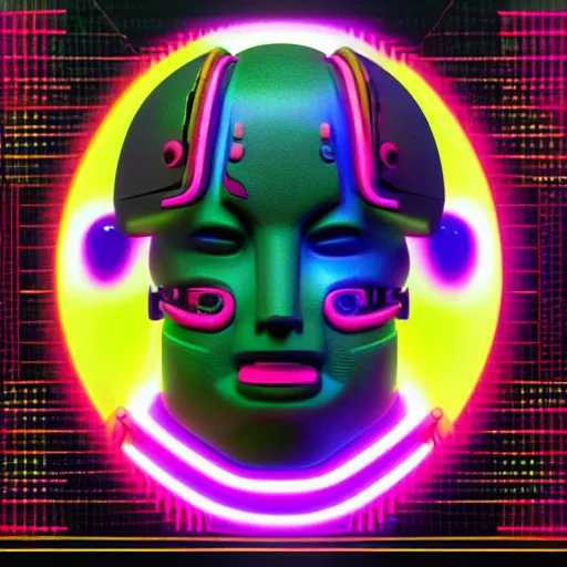 Image similar to claymodel of a cyberpunk aztec futurism robot head, 8 k, symetrical, flourescent colors, halluzinogenic, multicolored, black background, 3 d render,