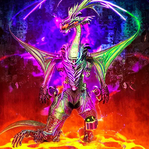 Prompt: cyberpunk dragon made of psychedelic particle effects