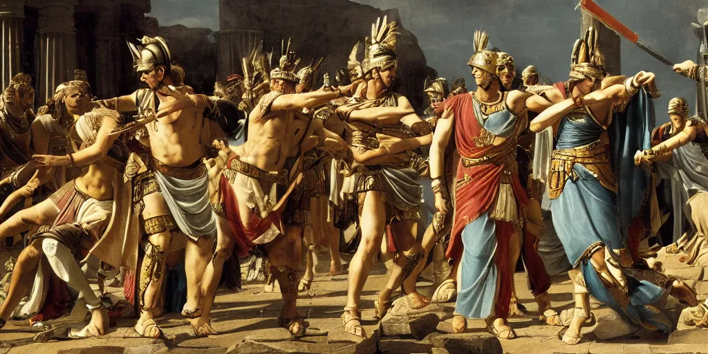 Image similar to gaius iulius caesar battle against cleopatra, cinematic