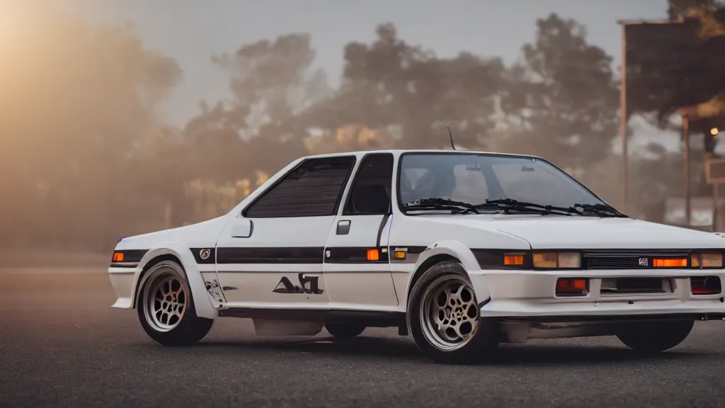 Prompt: a trueno ae 8 6 with pop up headlights, cinematic, long exposure, white balance, 8 k, led, lumen global illumination, fog, ray tracing reflections