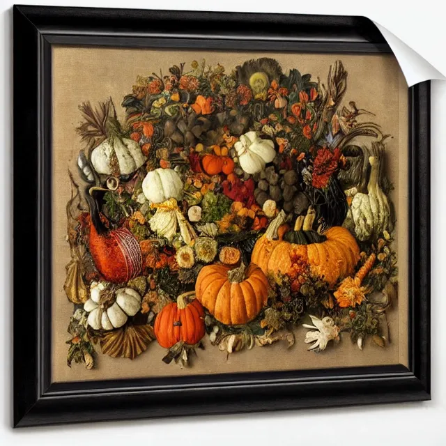 Prompt: victorian thanksgiving feast, flowers and gourds, black background, vanitas, still life by giuseppe arcimboldo, intricate high detail masterpiece