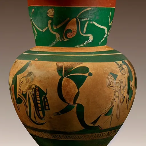 Image similar to medium-shot studio photo of an ancient greek vase with frogs and ornaments, British museum,