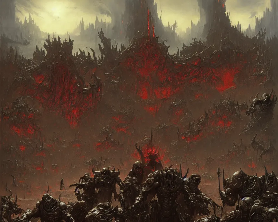 Image similar to doom eternal concept art by jakub rozalski, garden of eternal delights hell by hieronymus bosh, triumph of death by pieter brueghel, doom eternal hell by wayne barlowe