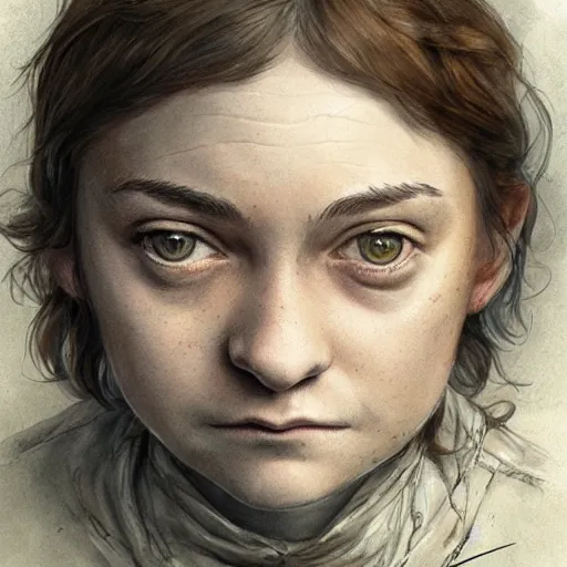 Image similar to portrait of shopie turner as arya stark, by jean - baptiste monge