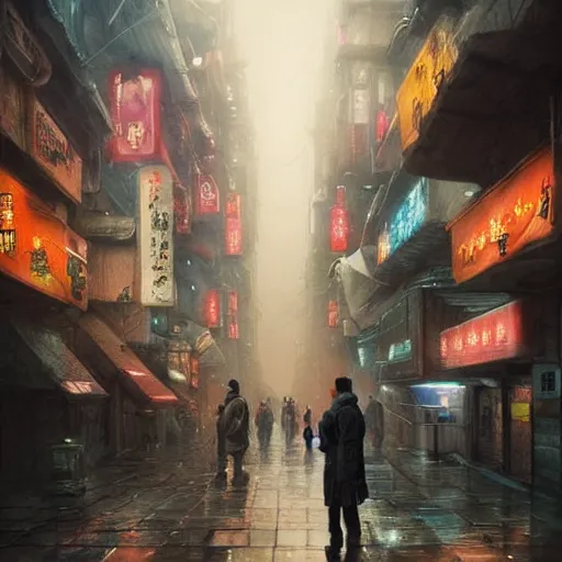 Image similar to a thousand sentient creatures covered in mountains and clouds. style of blade runner 2 0 4 9. i can understand why. a full length portrait of a spotless mind controlled, cyberpunk chinese street, by grosnez zak and