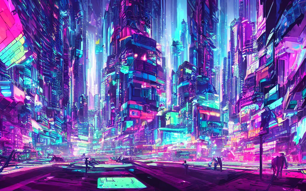 Prompt: technicolor hyperpop cyberpunk cityscape, future perfect, award winning digital art