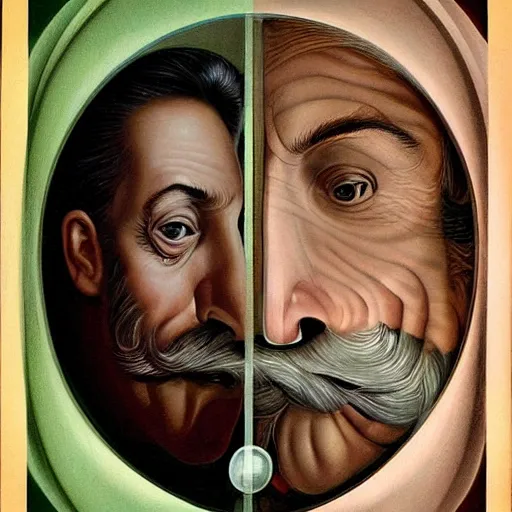 Image similar to an HD beautiful composition of deeply moving genius, flawless and incredible facial portraiture, depicting Father Time who has two faces and is regarding himself as if in the mirror; wondrous futuristic digital paint, by M. C. Escher S 572670079