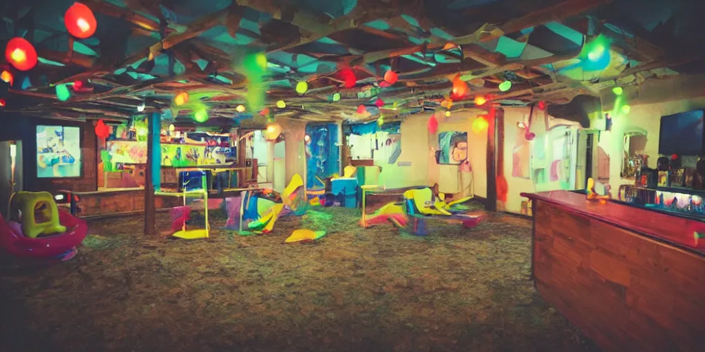 Image similar to a weird modern place, house, playground, office, pool, bar, pub, interior, room with eerie feeling, disposable colored camera, camera flash, unusual place, unsettling, kids place, night scene