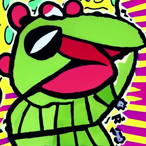 Image similar to kermit the frog in the style of romero britto