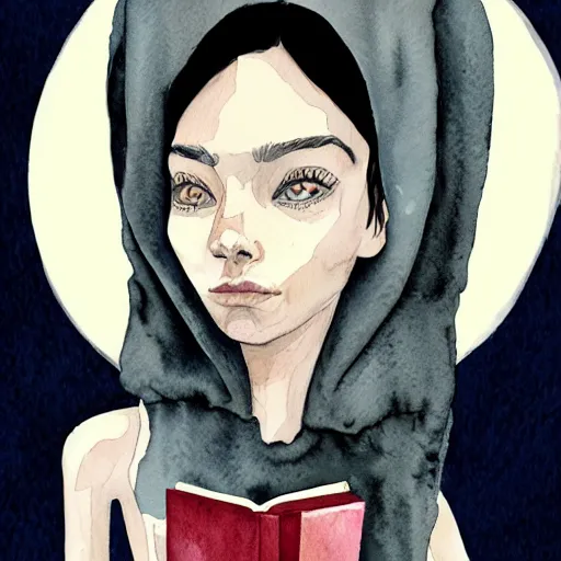 Image similar to full body detailed watercolor illustration of alien jennifer connelly mixed with anya taylor - joy, reading a book, unsettling, hooded long black feathered cloak, uncanny valley, with black feathers instead of hair, gothic, guillermo del toro, gray mottled skin, pale and sickly, profile view, - - ar 9 : 1 6