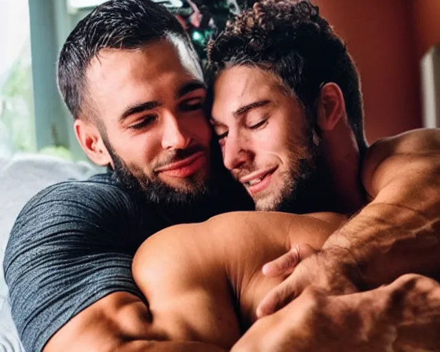 Image similar to cuddling with a bodybuilder, hugging an athlete, squishing muscles, comforting, wholesome, sweet, kindhearted, adorable, romantic, platonic