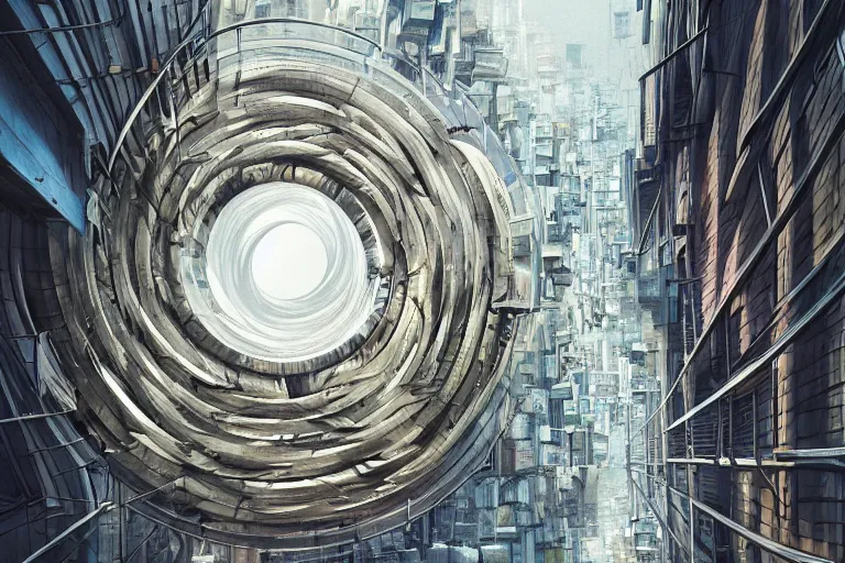 Image similar to urban street twisted into spiral, highly detailed, photorealistic, reflections, smooth, sharp focus, concept art, illustration, beautiful, geometric, trending on artstation, cinematic, featured on behance , artwork by WLOP and Tran, Ross