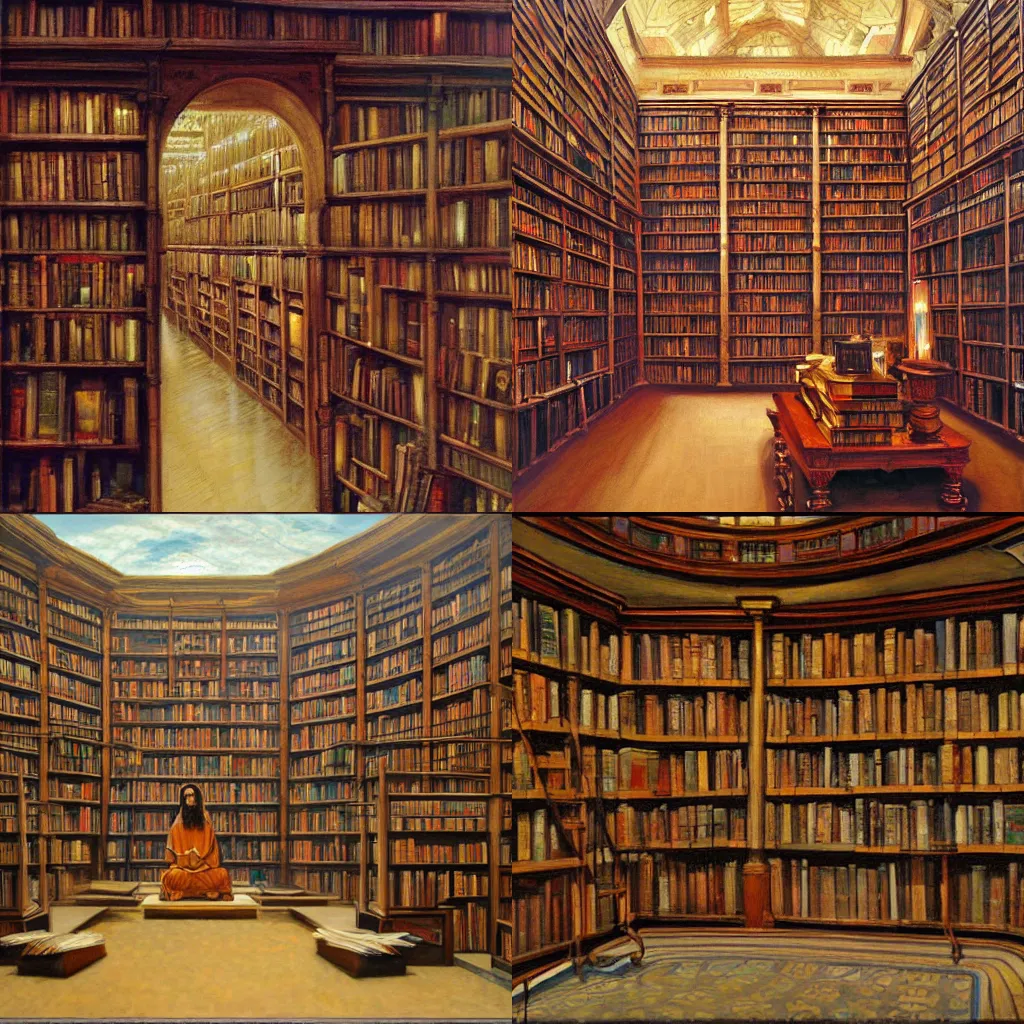 Prompt: The sacred library by James Gurney, oil on canvas