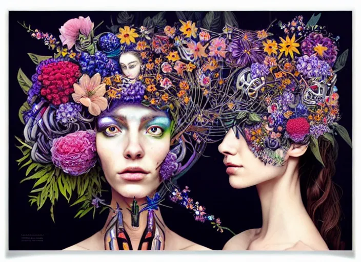 Image similar to a painting of a beautiful cyborg girl with a lot of flowers and blueberries and exotic plants on its head, poster art by android jones, behance contest winner, generative line art, made of flowers, grotesque, concert poster