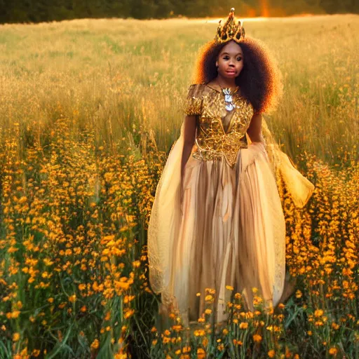 Prompt: brown skin goddess, with gold crown,curly light brown hair gold fairytale dress , standing in a field of flowers, sunset, realistic, 4k,