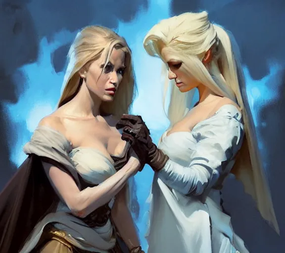 Image similar to greg manchess portrait painting of beautiful, princess d & d, fantasy, medium shot, asymmetrical, intricate, elegant, matte painting, illustration, hearthstone, by greg rutkowski, by greg tocchini, by james gilleard, by joe fenton, dynamic lighting, gradient light blue, brown, blonde cream and white color scheme, grunge aesthetic