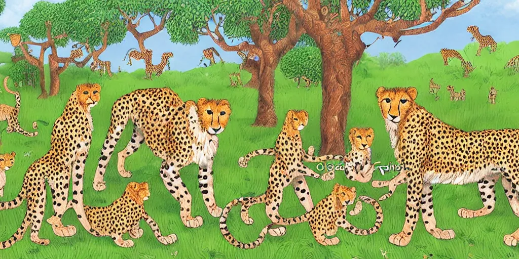 Image similar to whole family of cheetah and lion in happy forest , huge scale, high detail, intricate by Axel Scheffler