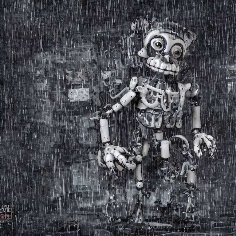 Prompt: photograph of a stylized worn down and broken endoskeleton that has been built by scott cawthon and chuck e cheese, rain, dense fog, alleyway, volumetric lighting, f 8 aperture, cinematic eastman 5 3 8 4 film