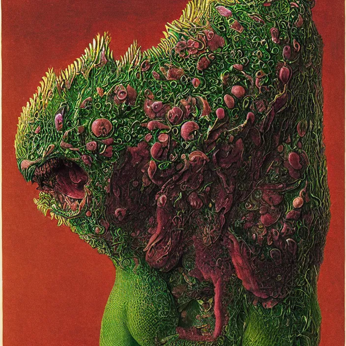 Prompt: close up portrait of a mutant monster creature with pulsating, phosphorescent, iridescent fractal protuberances. by jan van eyck, walton ford