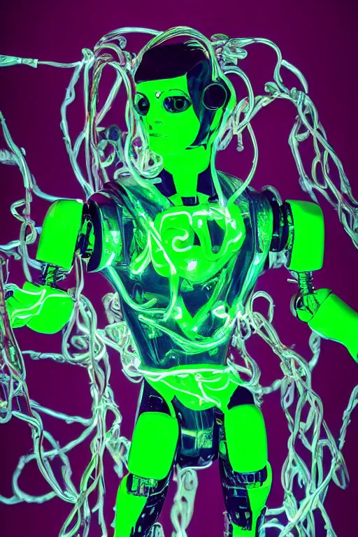 Prompt: full-body rococo and cyberpunk style green neon and ceramic statue of a muscular attractive Spanish robot god humanoid wearing a see-through silk cloak sim roupa, posing like a falling model, suspended from the ceiling with thick neon cables, glowing mint face, crown of red steampunk lasers, emeralds, swirling silver silk fabric. futuristic elements. oozing glowing liquid, full-length view. space robots. human skulls. throne made of bones, intricate artwork by caravaggio. Trending on artstation, octane render, cinematic lighting from the right, hyper realism, octane render, 8k, depth of field, 3D