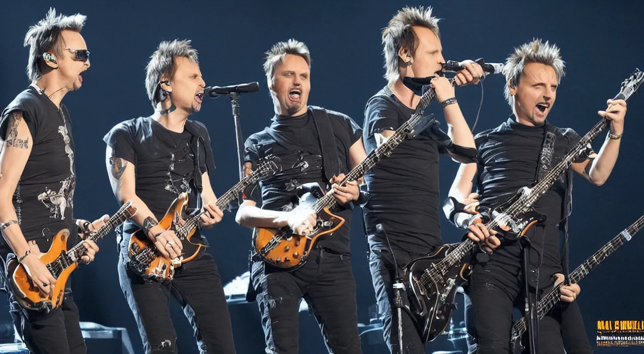 Image similar to matt bellamy from muse and james hetfield from mettalica playing on stage together, 2 0 1 5 live music video