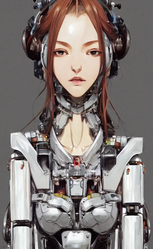 Image similar to girl, fused mecha robot parts, cyborg, vintage clothing, anime style, long hair, hair down, symmetrical facial features, from arknights, hyper realistic, 4 k, rule of thirds, extreme detail, detailed drawing, trending artstation, hd, d & d, realistic lighting, by alphonse mucha, greg rutkowski, sharp focus, backlit