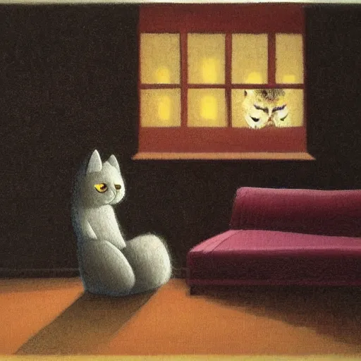 Prompt: a cat and a boy sitting on a couch watching TV in a small dim lit room, by Shaun Tan