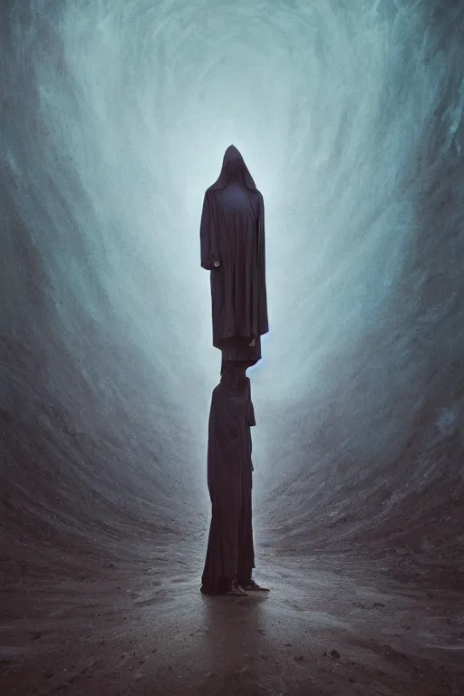 Image similar to dark hooded wraith, standing in front of hyper dimension portal into another realm, epic surrealism 8k oil painting, perspective, high definition, post modernist layering, by Sean Yoro, Peter Kemp