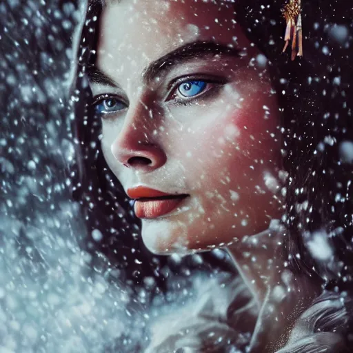 Image similar to a beautiful ultradetailed fantasy character portrait of margot robbie as a geisha wielding a sword by zach sutton and charlie bowater, catchlight in the eyes, trending in behance, close up 50mm portrait photo, bokeh, 4K, during snowfall