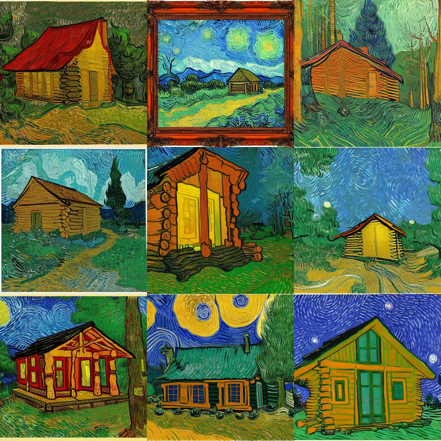 Prompt: [ a log cabin in the forest ] [ van gogh ] [ digital ]