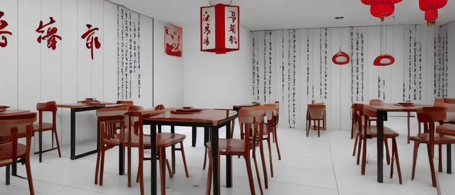 Image similar to a beautiful simple interior render of small roasted string hotpot restaurant restaurant yan'an, wall corner, from china, red paper wall and white tile floor, rectangle white porcelain table, fine simple delicate structure, chinese style, simple composition, simple style structure decoration design, victo ngai, 4 k hd