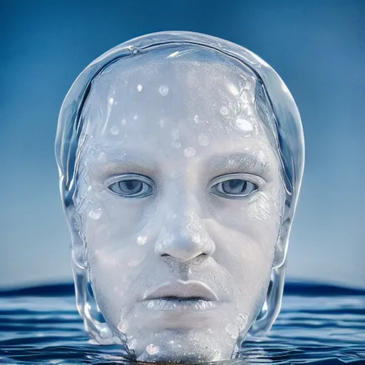 Image similar to a sculpture made out of water in the shape of a human head, on the ocean water, water manipulation, cinematic, in the style of johnson tsang, long shot, hyper detailed, hyper realistic, ray tracing, 8 k resolution, sharp focus, realistic water, award winning