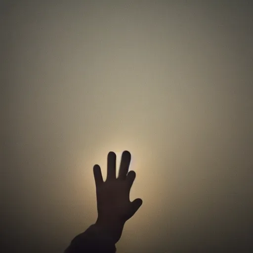 Image similar to a hand reaching out from a thick, dense fog, smokey, foggy, ambient lighting,