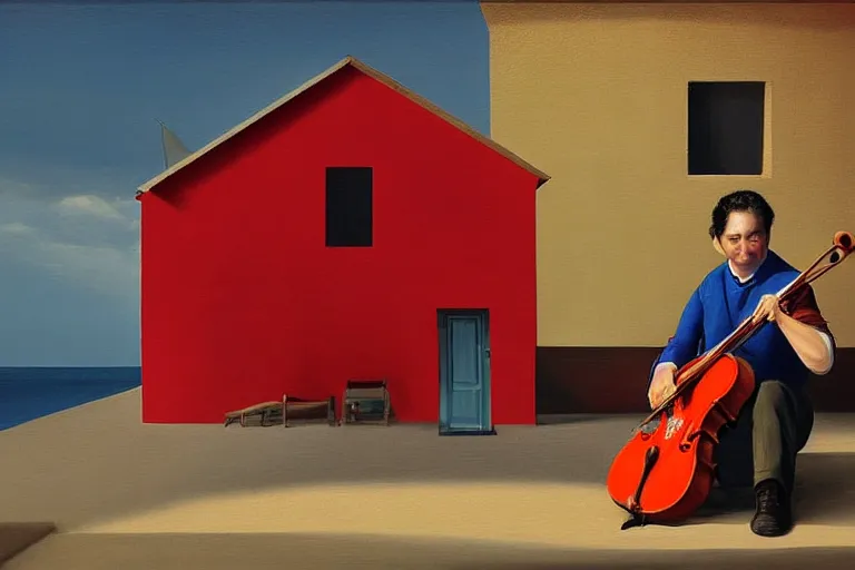 Image similar to a man in red playing the violin next to a yellow lightinghouse, the sun is shining and the ocean is blue, Painting, Fine Art, Unreal Engine, Salvador Dali