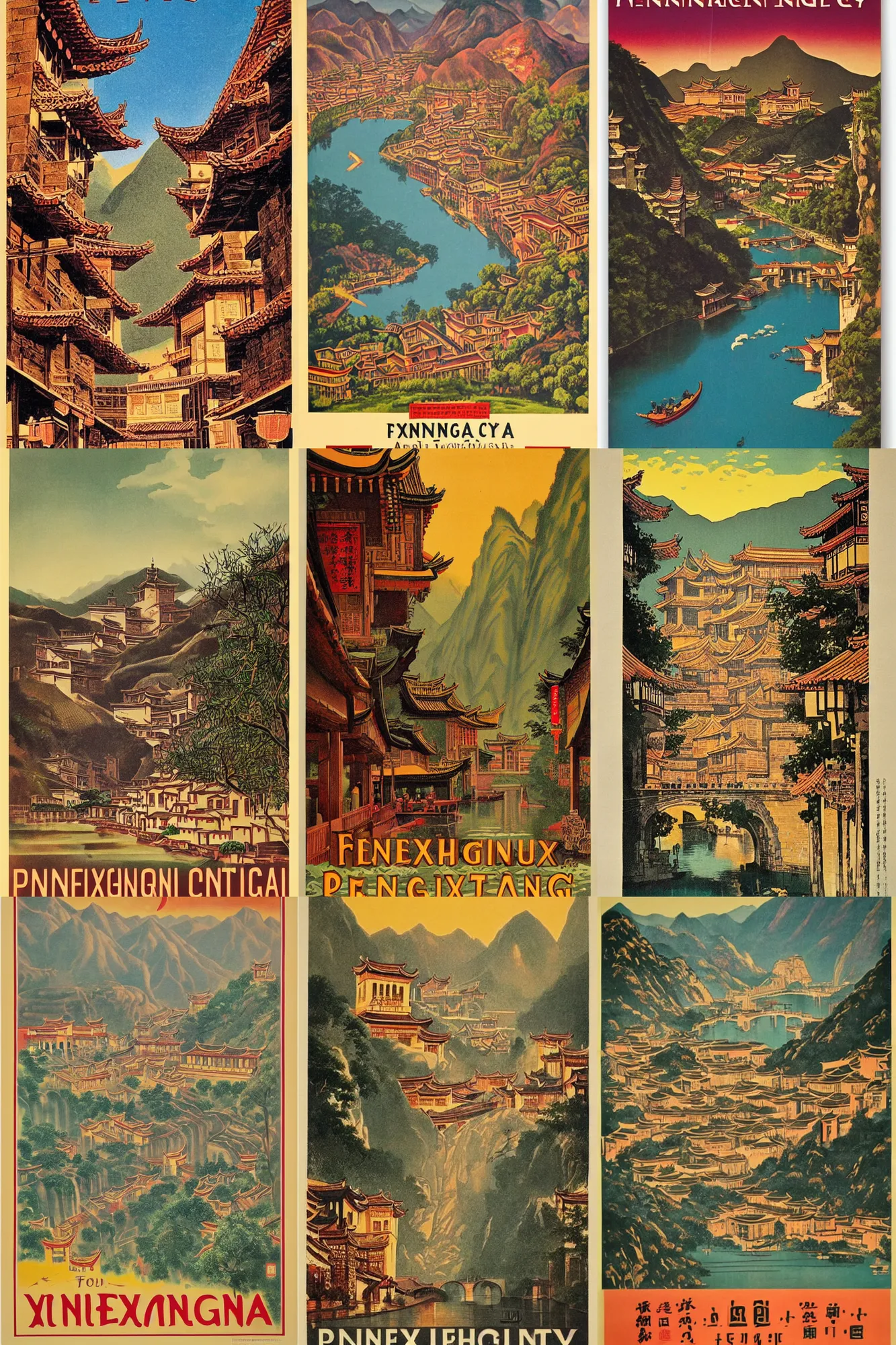 Prompt: Vintage travel poster for Phoenix Ancient City, Fenghuang
