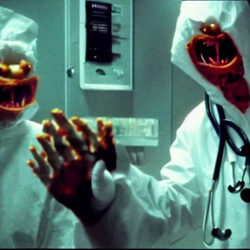 Image similar to a 35mm filmic wide shot ground level angle movie still color film photograph of a shape shifting alien creature with multiple mutated snarling drooling human faces and a grotesque variety of human & animal arms trying to grab a doctor wearing a surgical mask, in the style of a live action 1980s horror film, The Thing 1982