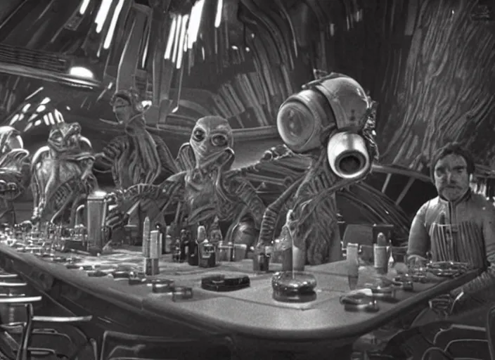 Image similar to still of some aliens having a drink in the Cantina in Star Wars (1977).