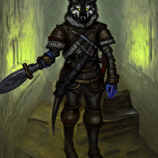 Prompt: a wolf fursona anthro thief with medieval guard armor is exploring the grimdark dungeon depths. trending on artstation and pixiv. a vibrant digital oil painting. a highly detailed fantasy character illustration by wayne reynolds and charles monet and gustave dore and carl critchlow and bram sels