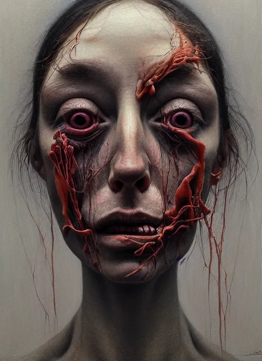 Image similar to there is ugliness in beauty, but there is also beauty in ugliness detailed portrait painting inspired by beksinski and alex gray, accurate anatomy, vintage, by jenny saville, edward hopper trending on artstation. 8 k