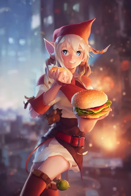 Image similar to adorable elf girl holding a burger, single subject, medium shot, ambient lighting, white hair, detailed face, by makoto shinkai, stanley artgerm lau, wlop, rossdraws