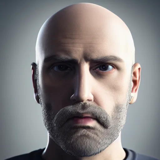 Image similar to photo portrait of bald bearded guy, glitchy, octanerender, 8 k, hyperrealistic